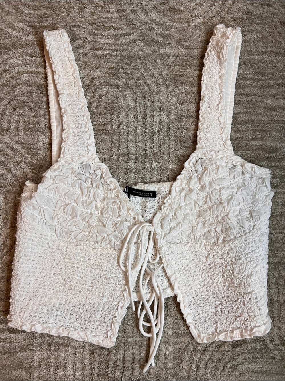 ZARA White Textured Smocked Lace-Front Crop Top size M